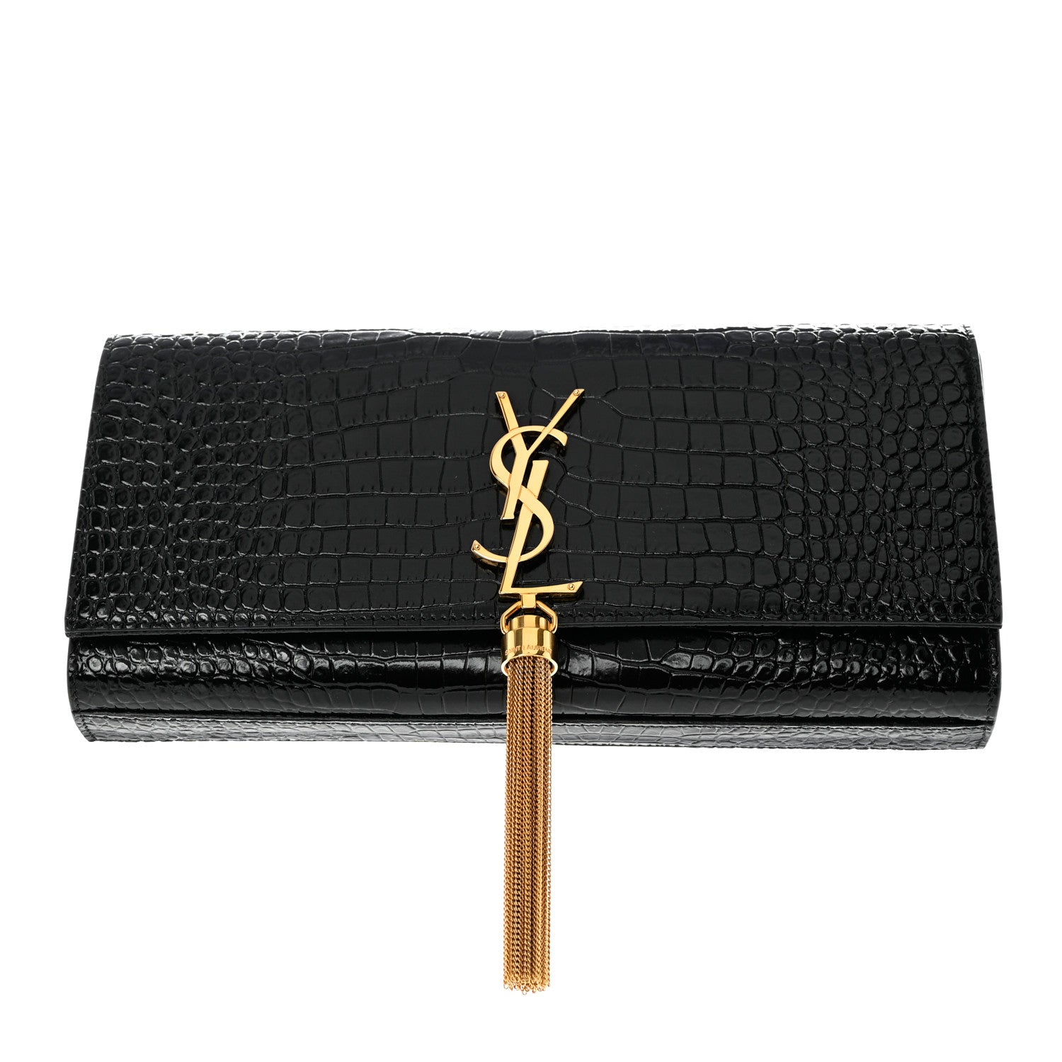 Saint Laurent Calfskin Crocodile Embossed Classic Monogram Tassel Clutch Black 1 of 8