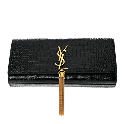 Saint Laurent Calfskin Crocodile Embossed Classic Monogram Tassel Clutch Black 1 of 8