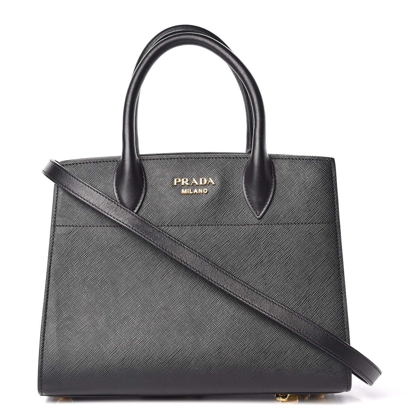 Saffiano City Calfskin Small Bibliothèque Top Handle Black Fuoco