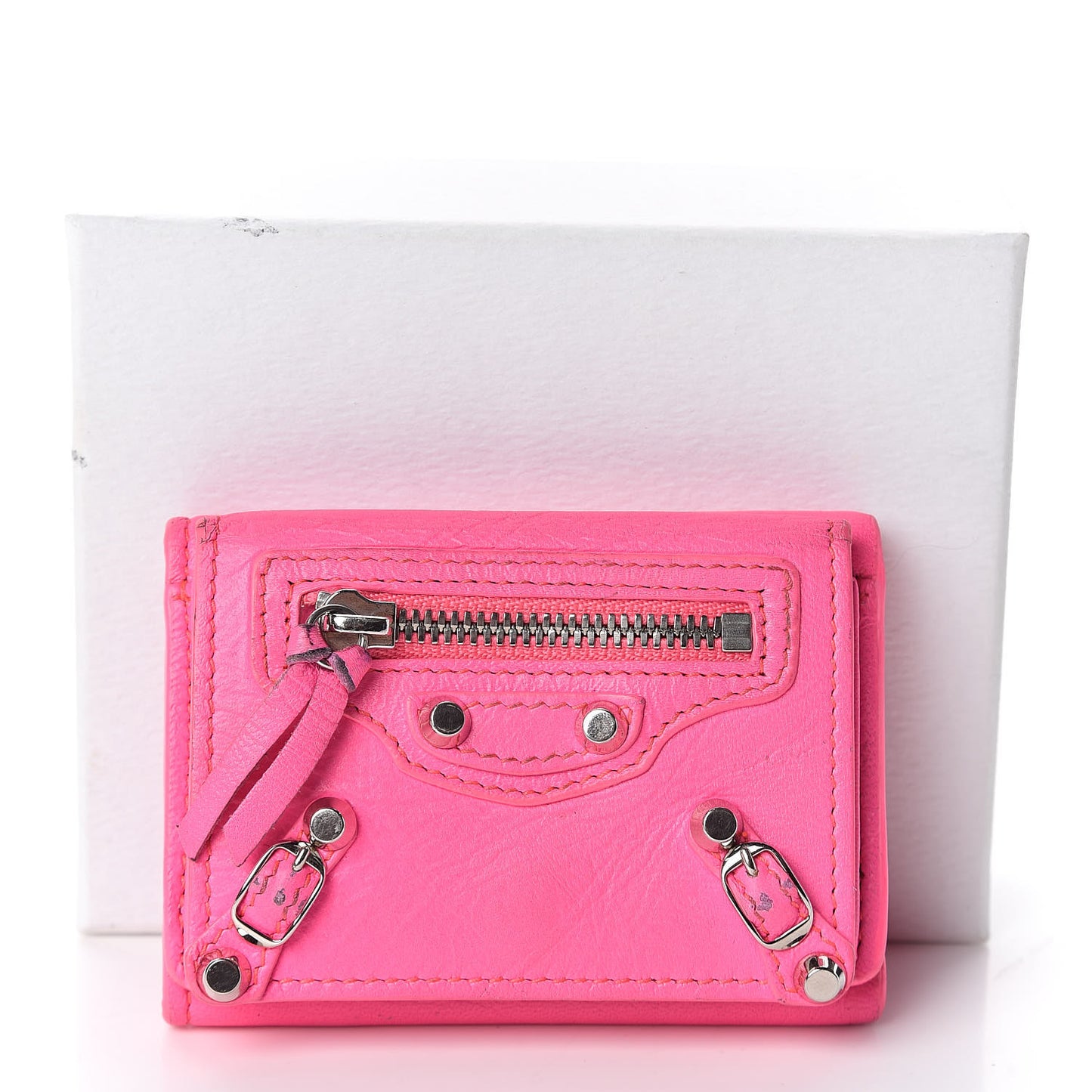 Agneau Arena Classic Hardware Mini Wallet Rose Fluo