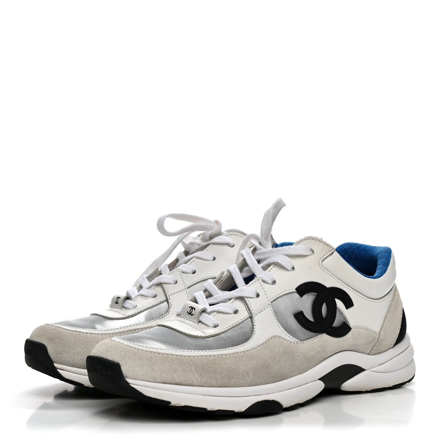 Chanel Calfskin Fabric Sneakers 39.5 White Silver Fluo Blue 4 of 10
