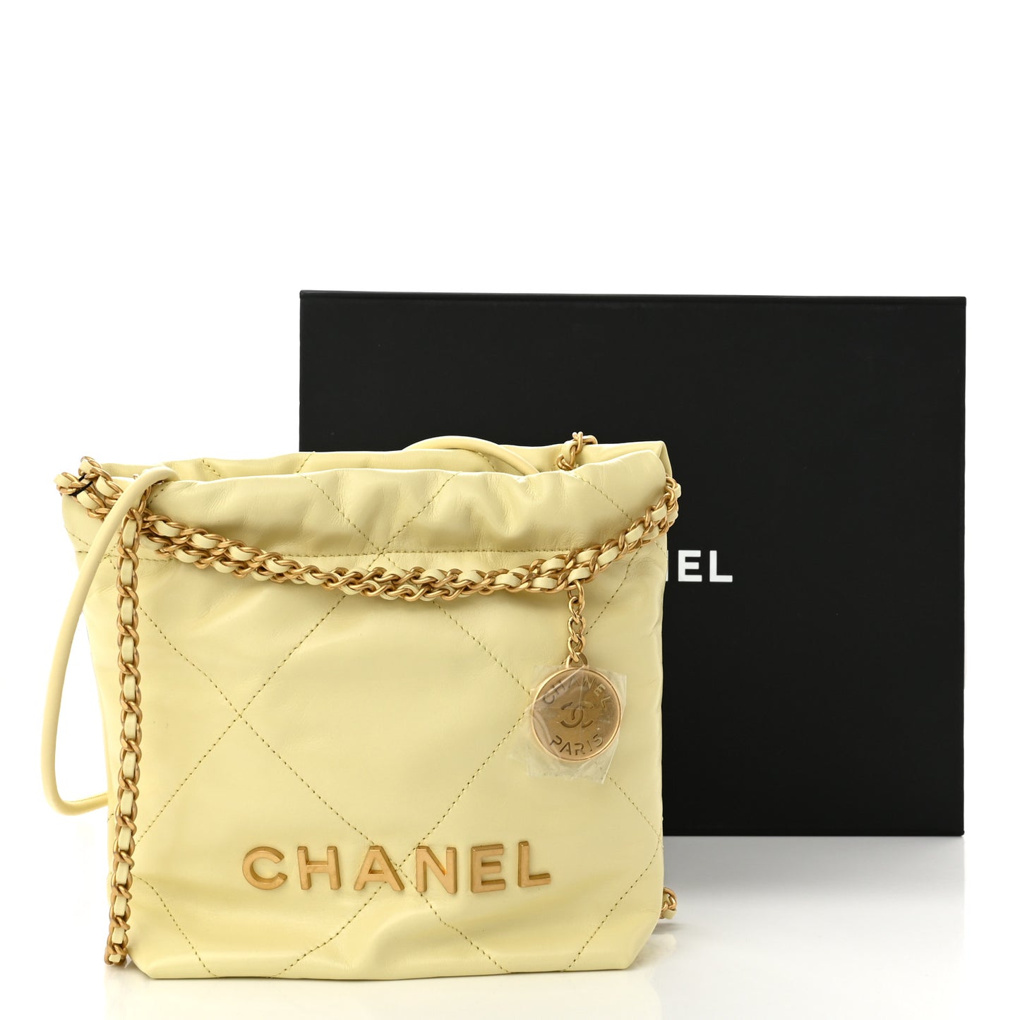 Shiny Calfskin Quilted Mini Chanel 22 Light Yellow