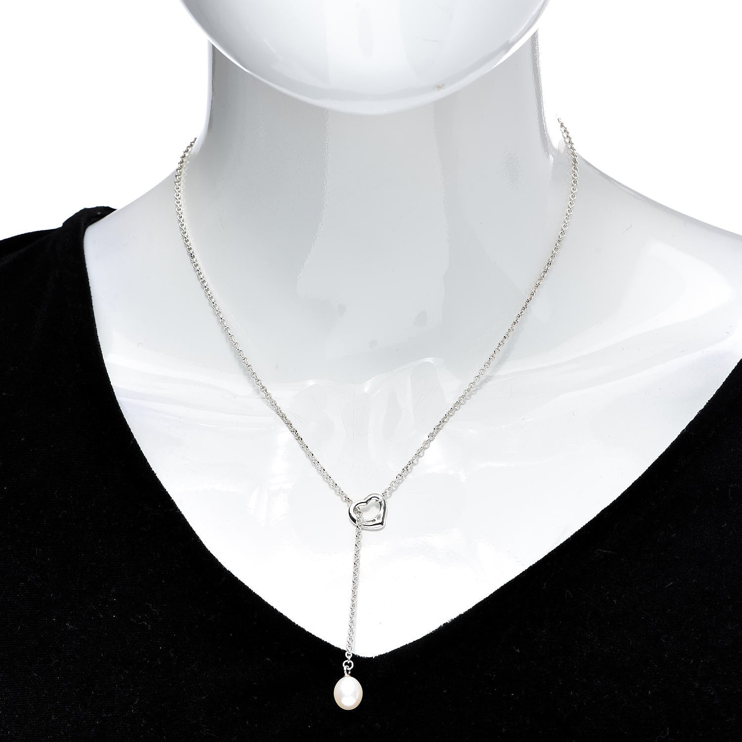 Tiffany Sterling Silver Pearl 9-9.5mm Elsa Peretti Open Heart Lariat Necklace 2 of 9