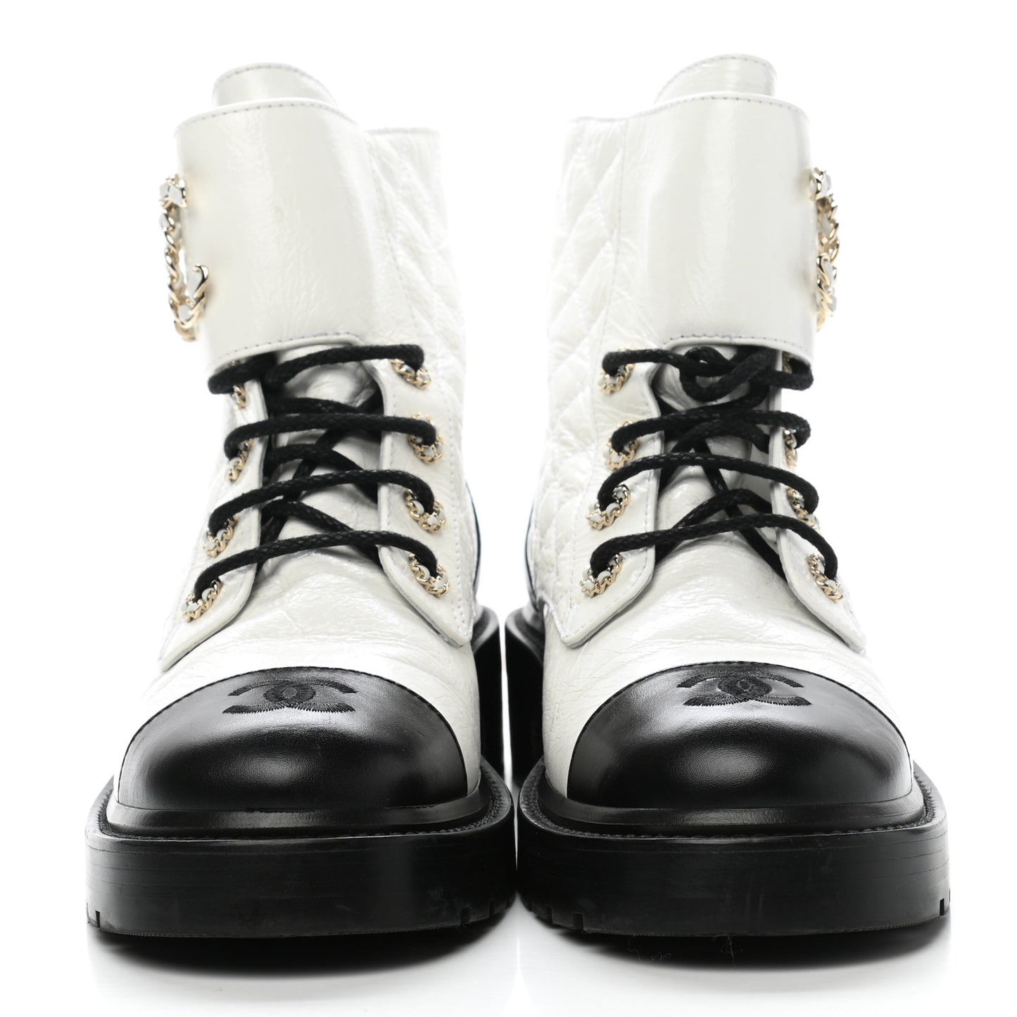 Shiny Goatskin Calfskin Quilted Lace Up Combat Boots 38.5 White Black