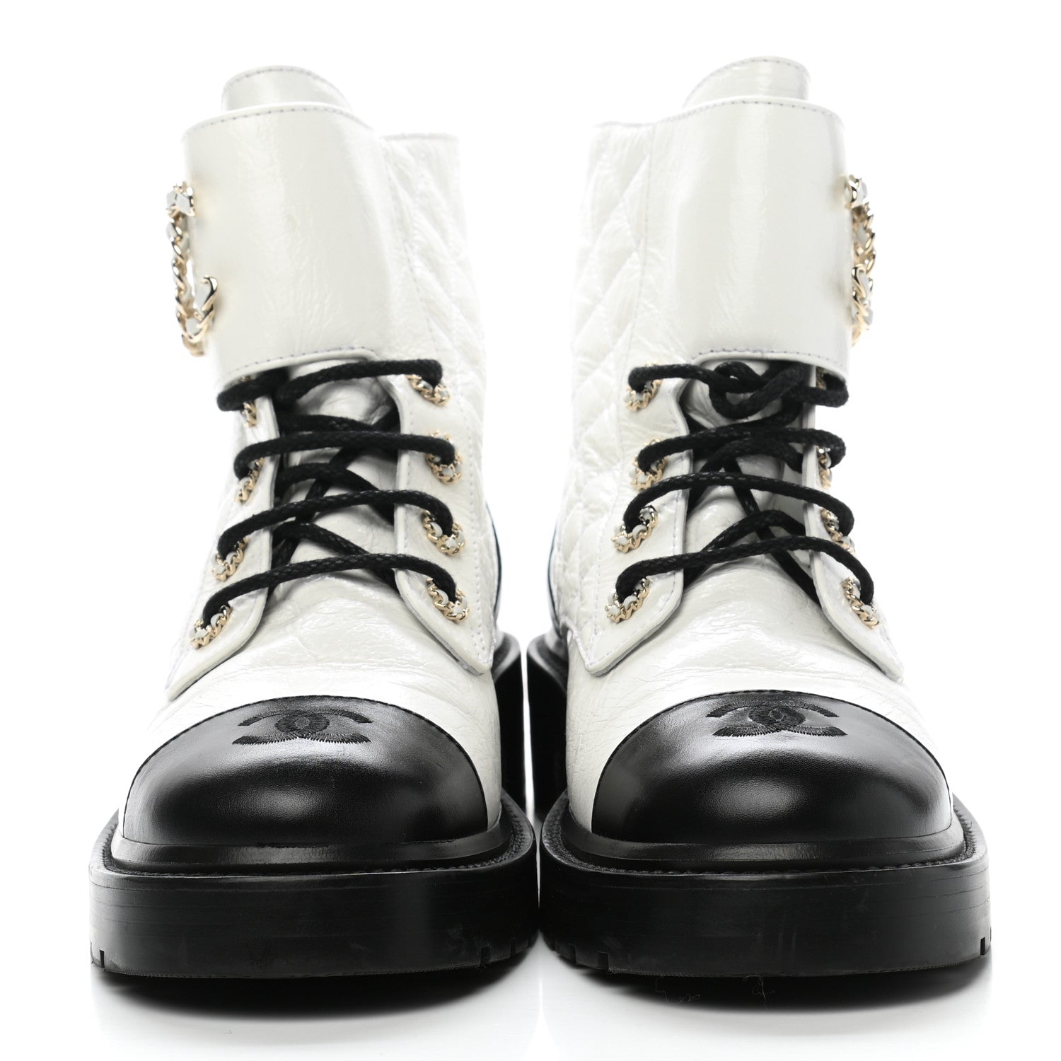 Chanel Shiny Goatskin Calfskin Quilted Lace Up Combat Boots 38.5 White Black 2 of 8