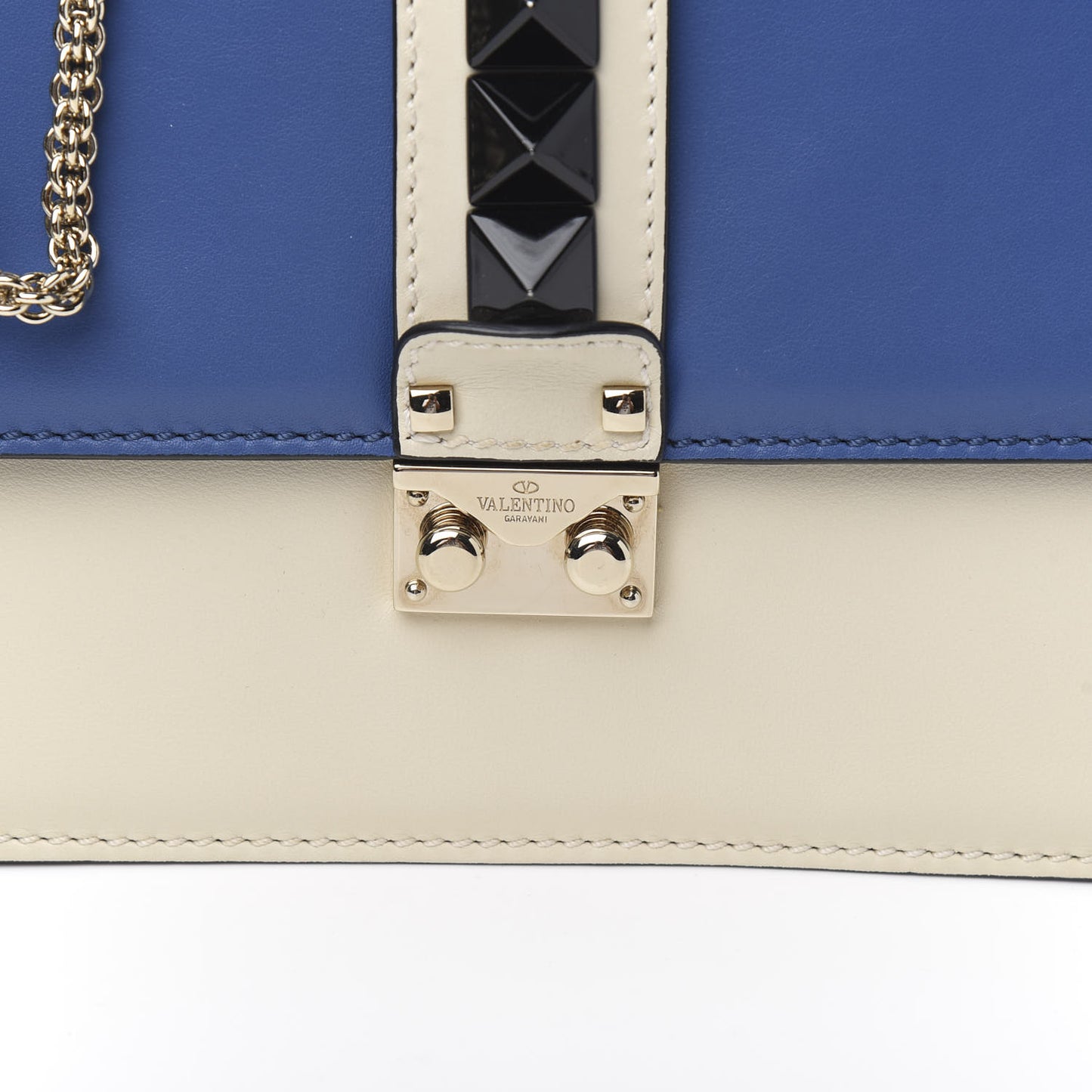 Vitello Tri-Color Medium Glam Lock Rockstud Flap Blue White Burgundy