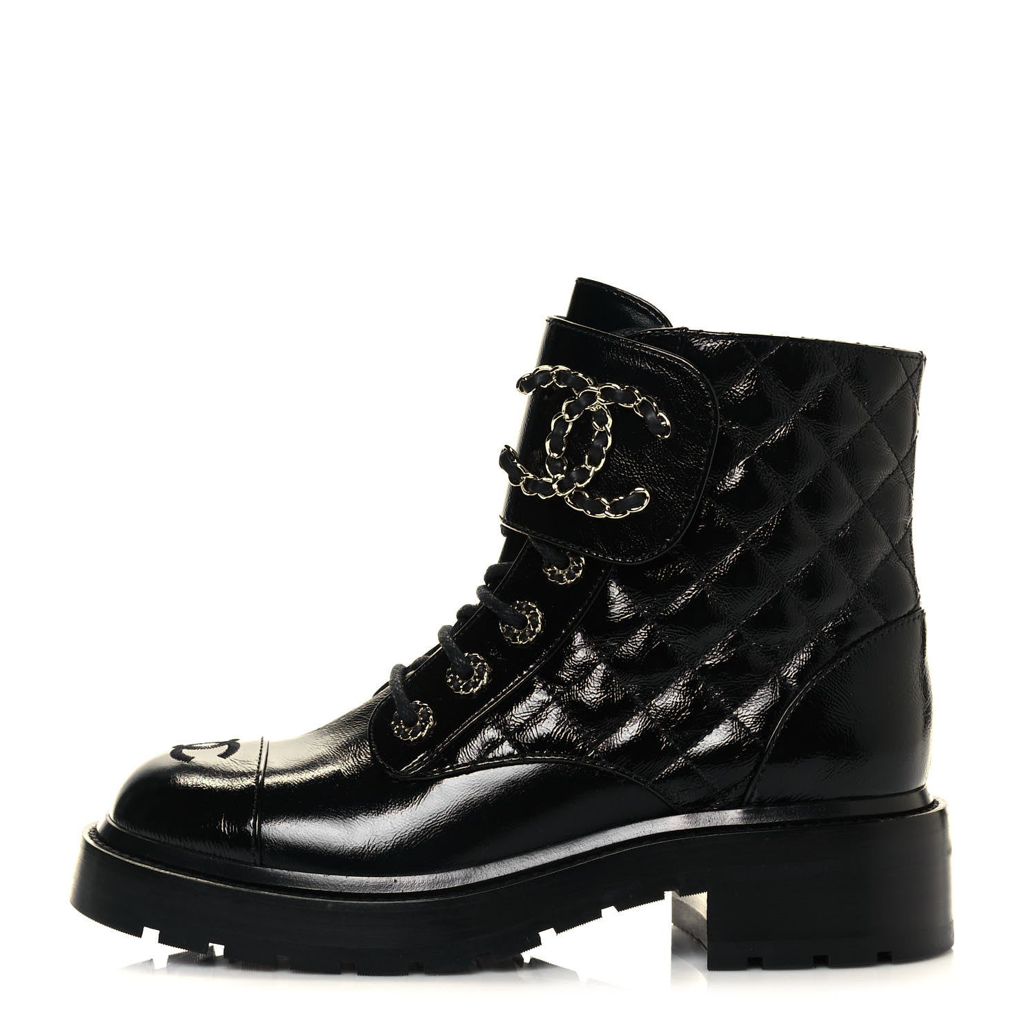 Chanel Shiny Calfskin Quilted Lace Up Combat Boots 36.5 Black 1 of 11