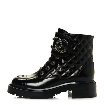 Chanel Shiny Calfskin Quilted Lace Up Combat Boots 36.5 Black 1 of 11