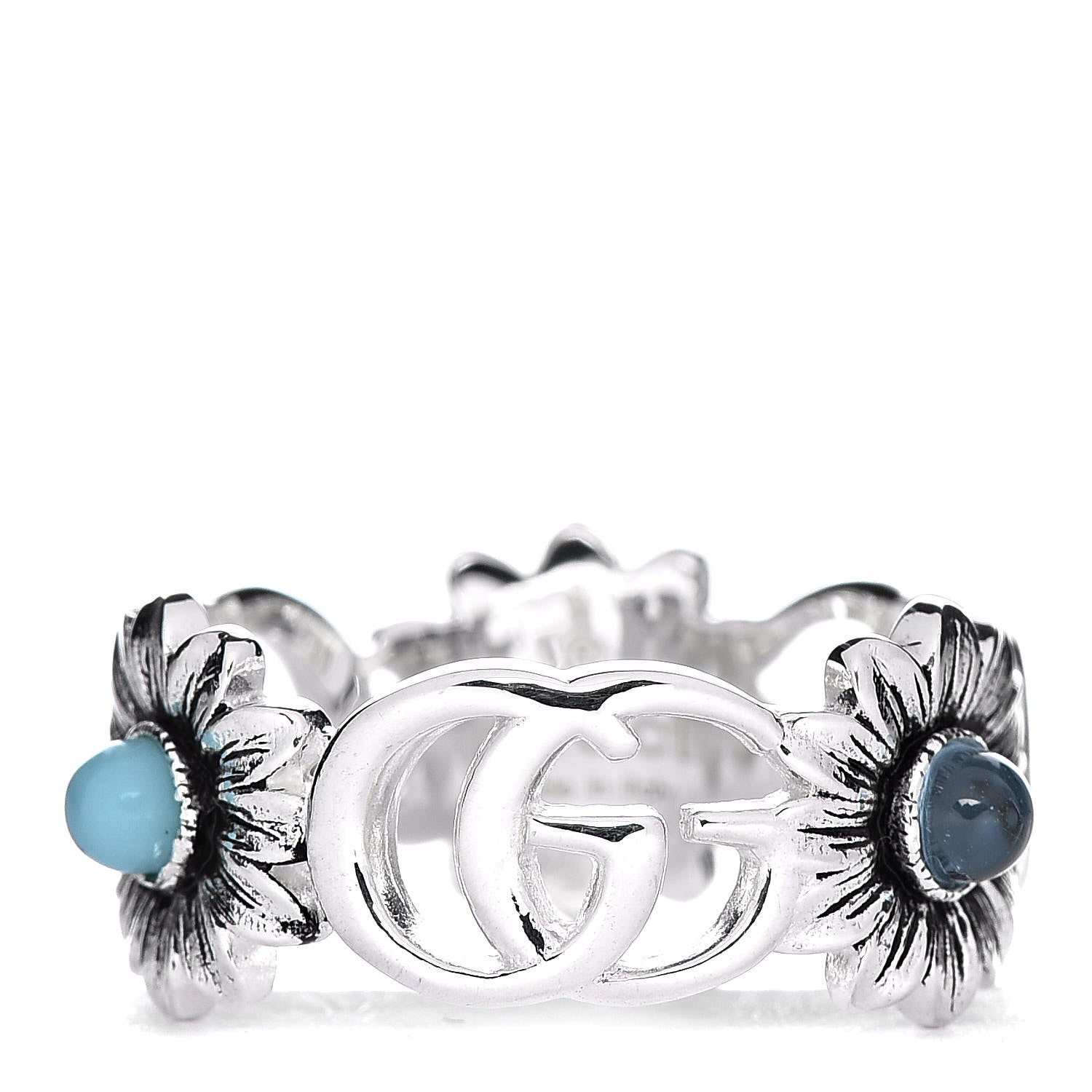 Gucci Sterling Silver Blue Topaz Mother of Pearl Turquoise Resin Double G Flower Ring 57 8 1 of 7