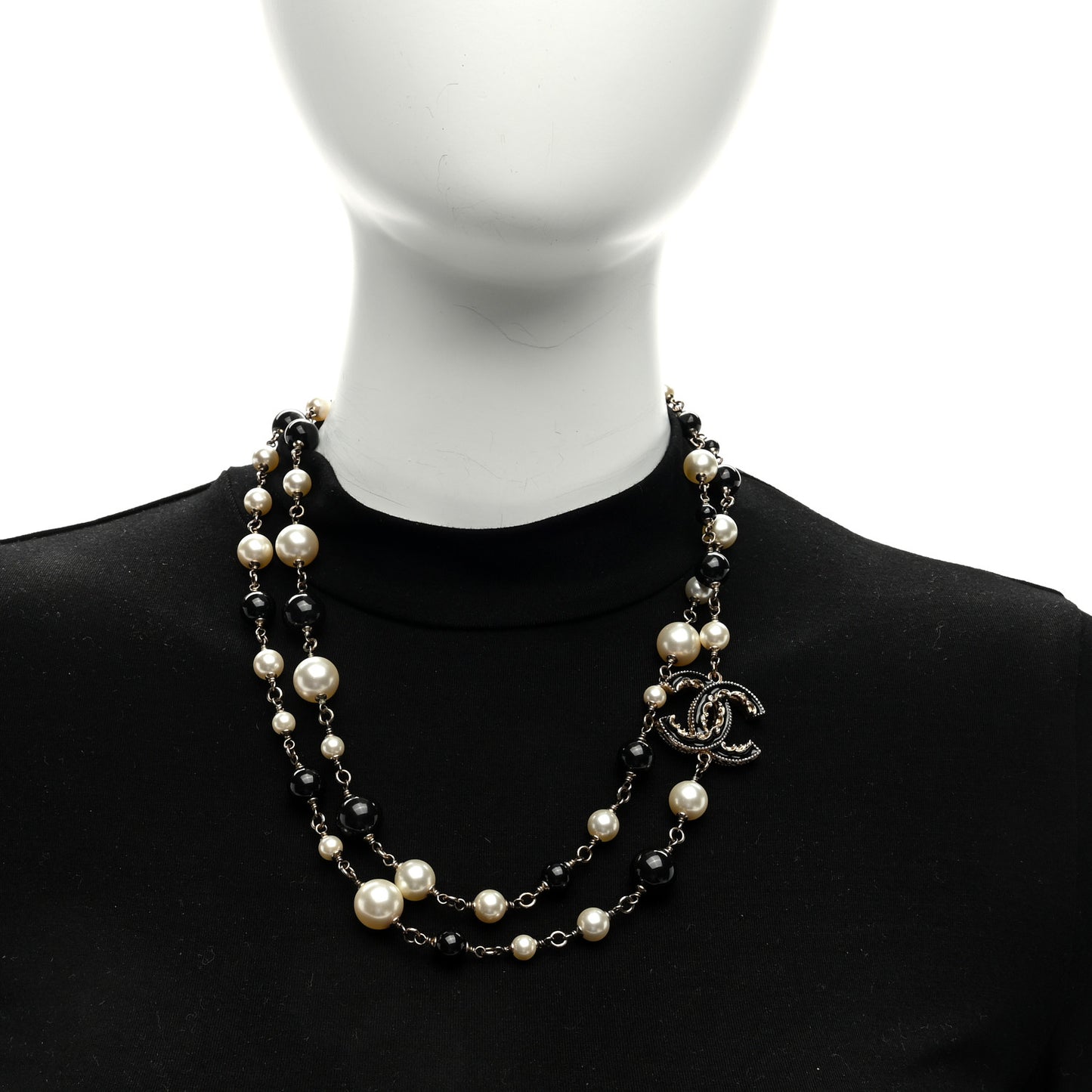 Pearl Enamel Beaded CC Baroque Long Necklace Black White Gold