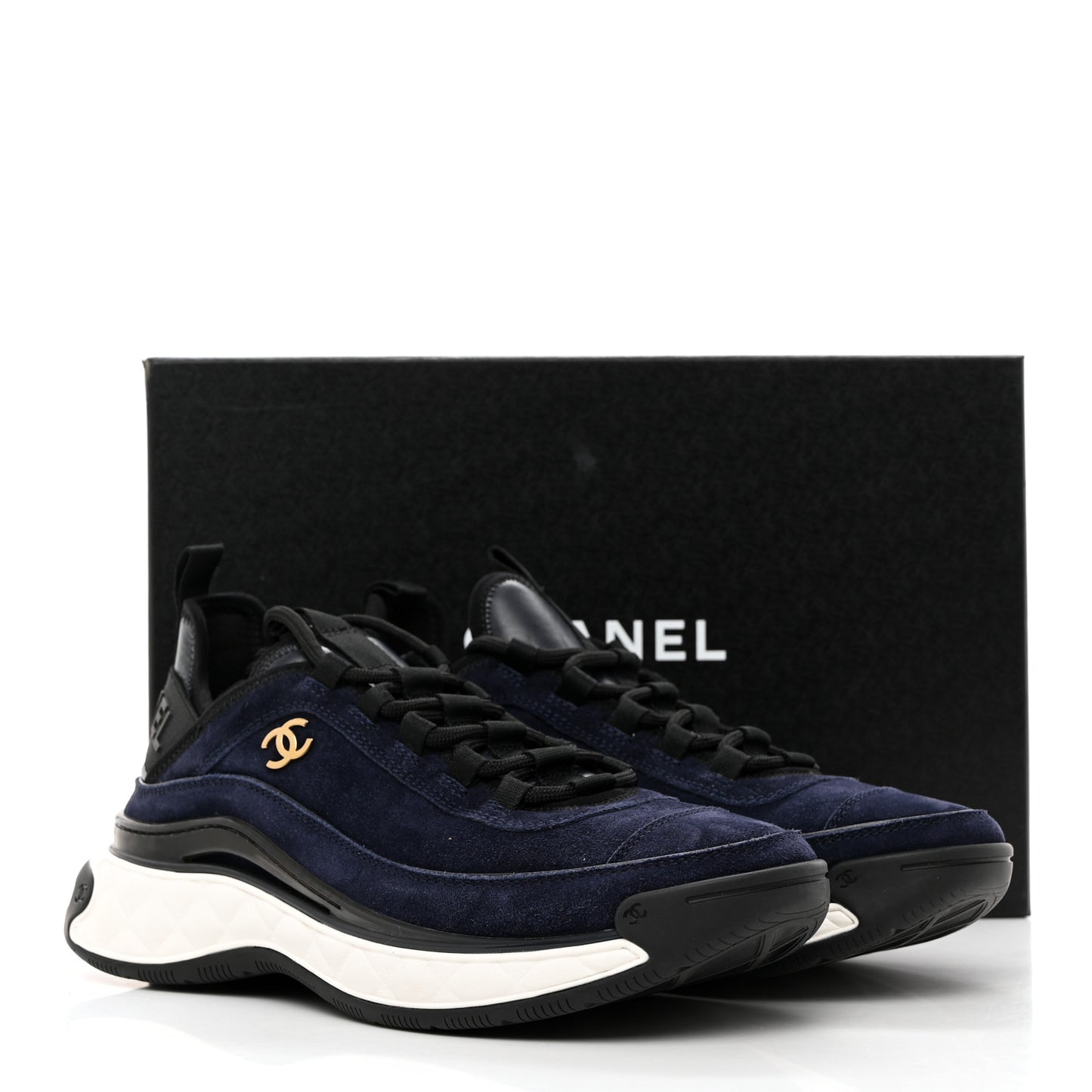 Suede Calfskin Nylon Grosgrain CC Sneakers 38.5 Navy Blue