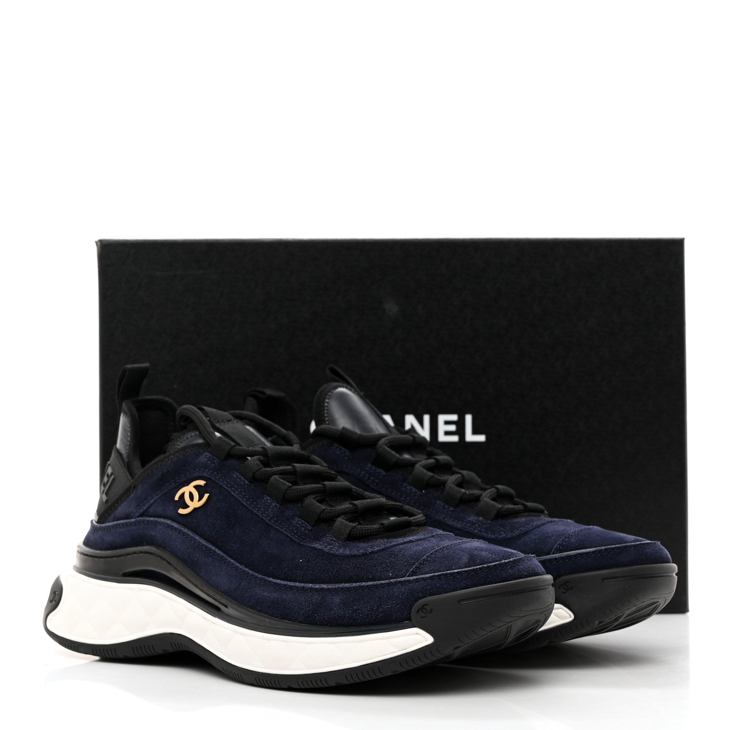 Chanel Suede Calfskin Nylon Grosgrain CC Sneakers 38.5 Navy Blue 9 of 9