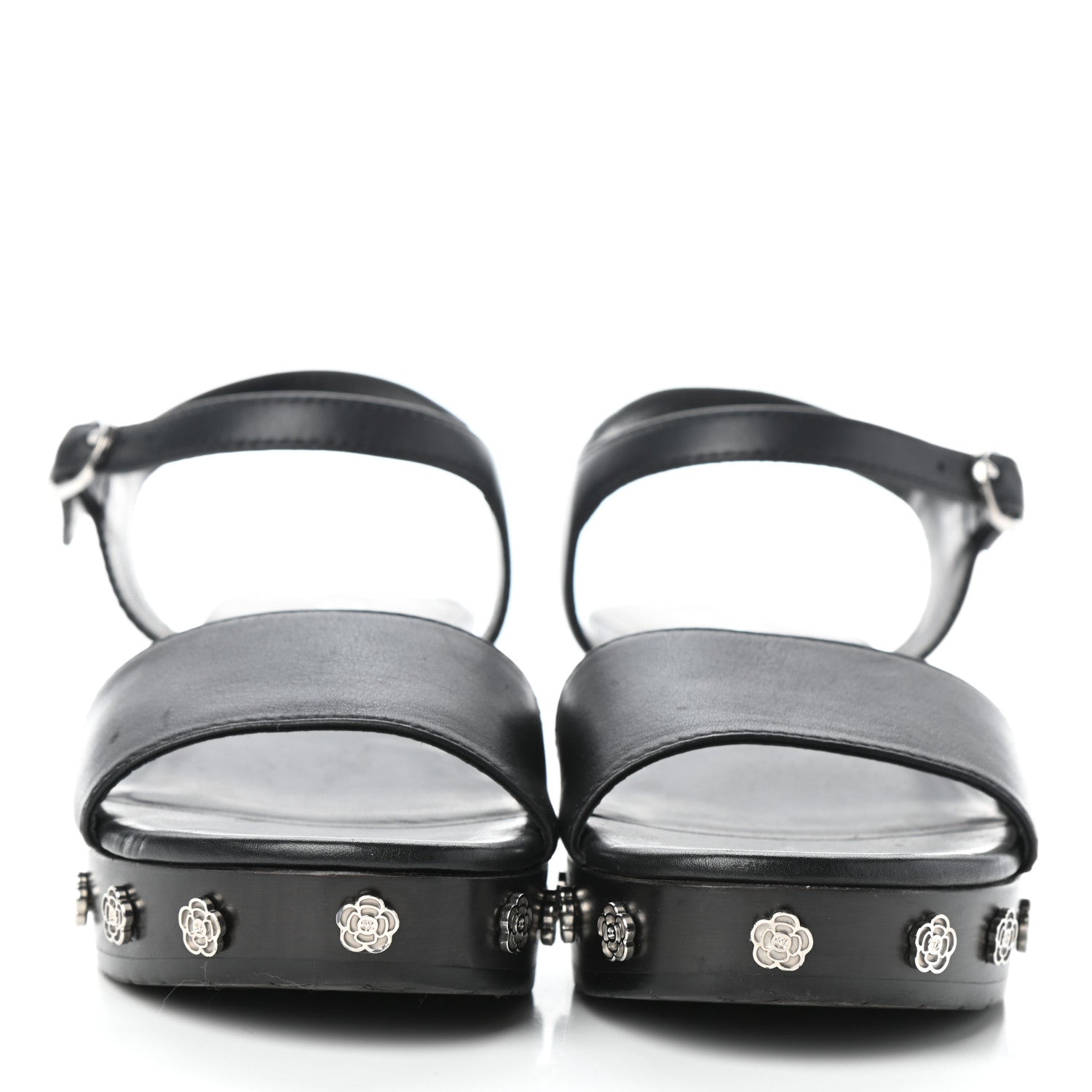 Chanel Calfskin Camellia Platform Sandals 37.5 Black 2 of 8
