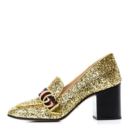 Gucci Glitter Nappa Web Peyton 75mm Loafer Pumps 38.5 Oro Vecchio 1 of 9