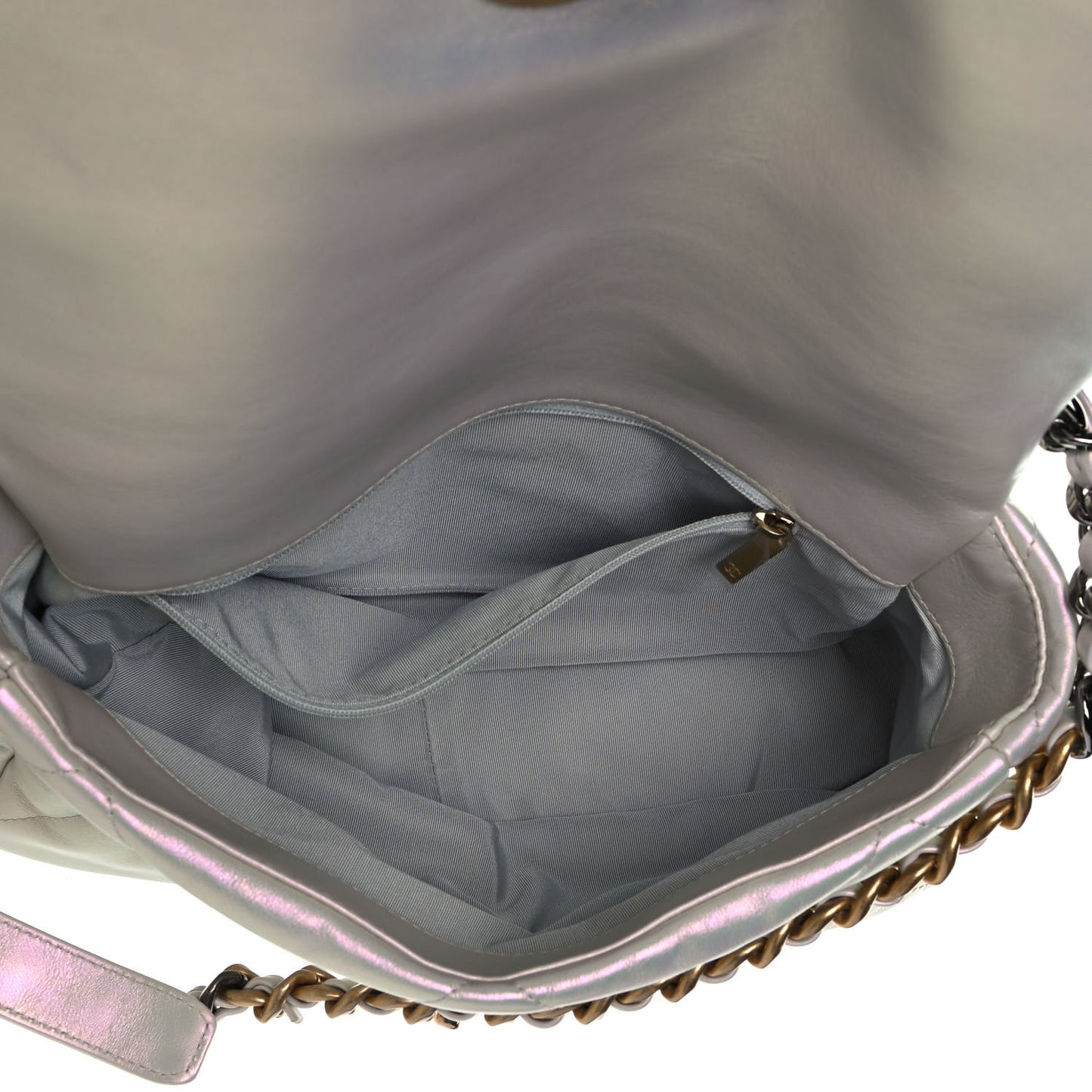 Iridescent Calfskin Quilted Large Chanel 19 Flap White