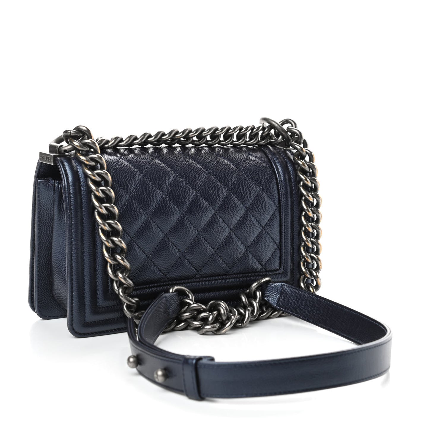 Iridescent Caviar Quilted Small Boy Flap Navy