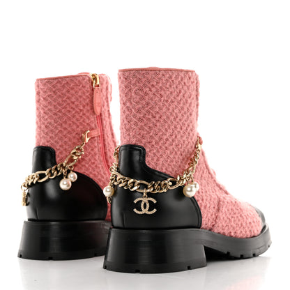Chanel Wool Tweed Calfskin Chain Lace Up Combat Boots 37 Pink Black 4 of 8