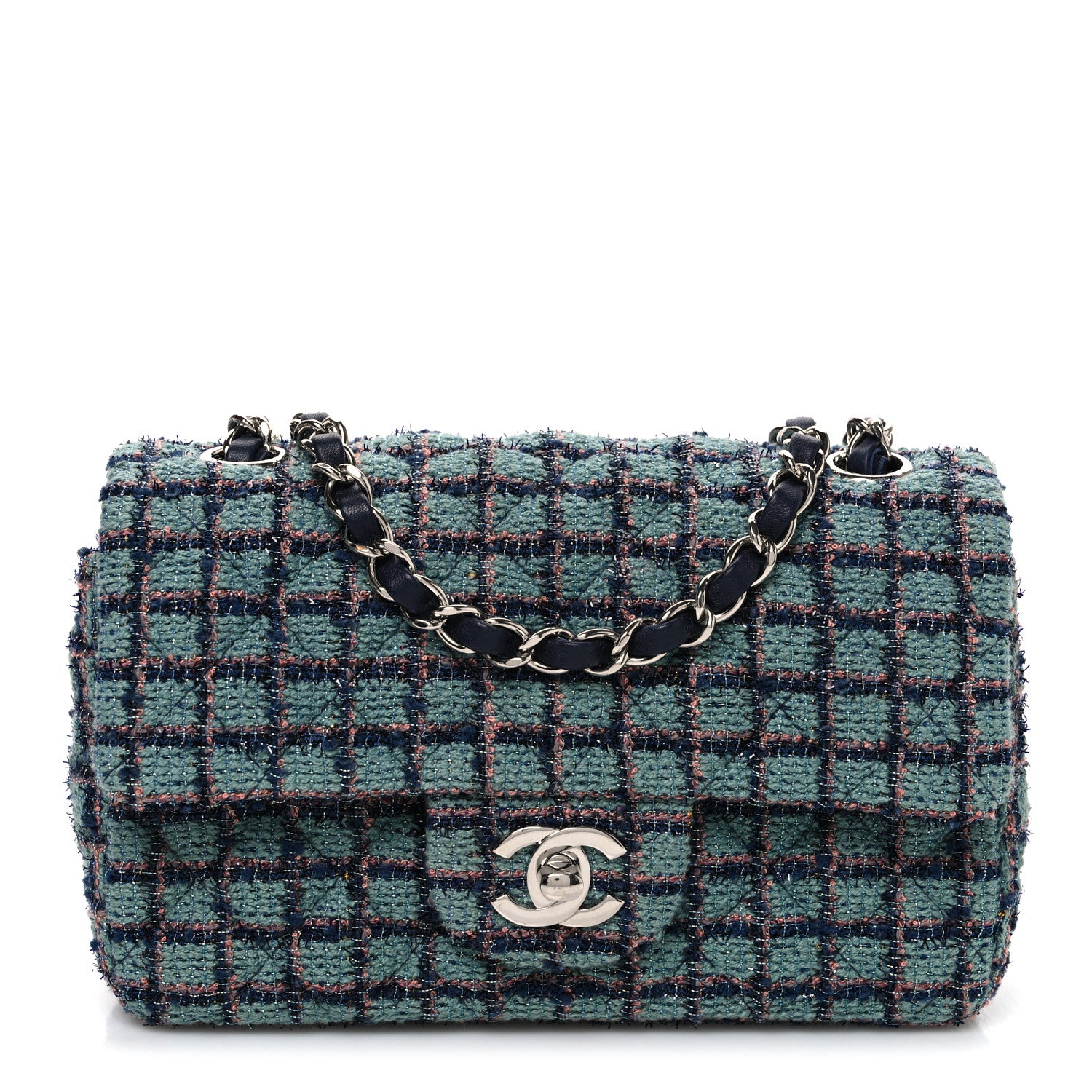 Chanel Tweed Quilted Mini Rectangular Flap Green Navy Dark Beige 1 of 10