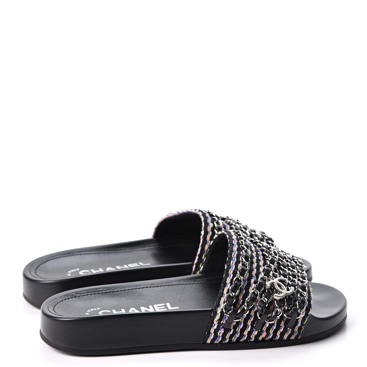Chanel Tweed Lambskin Chain Flat Sandals 34 Black Multicolor 4 of 10
