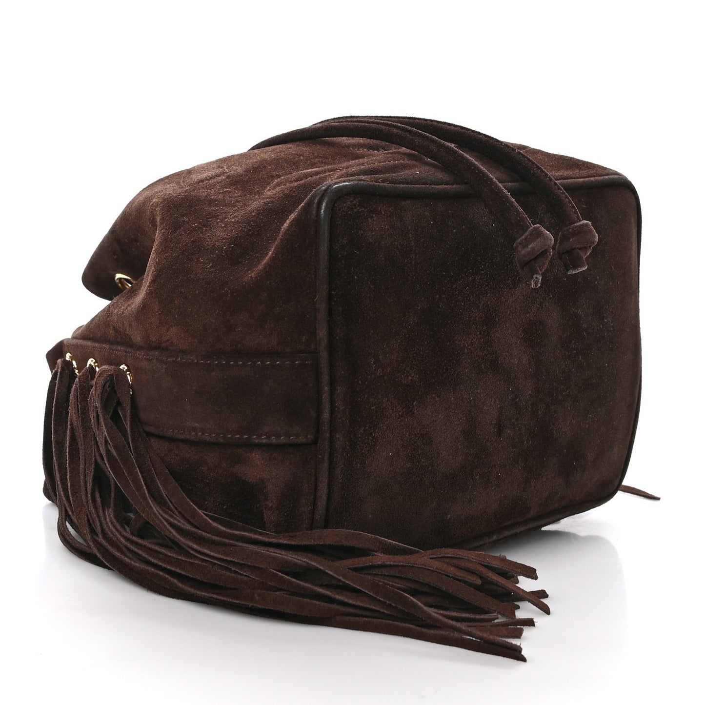 Suede Drawstring Tassel Bucket Bag Brown