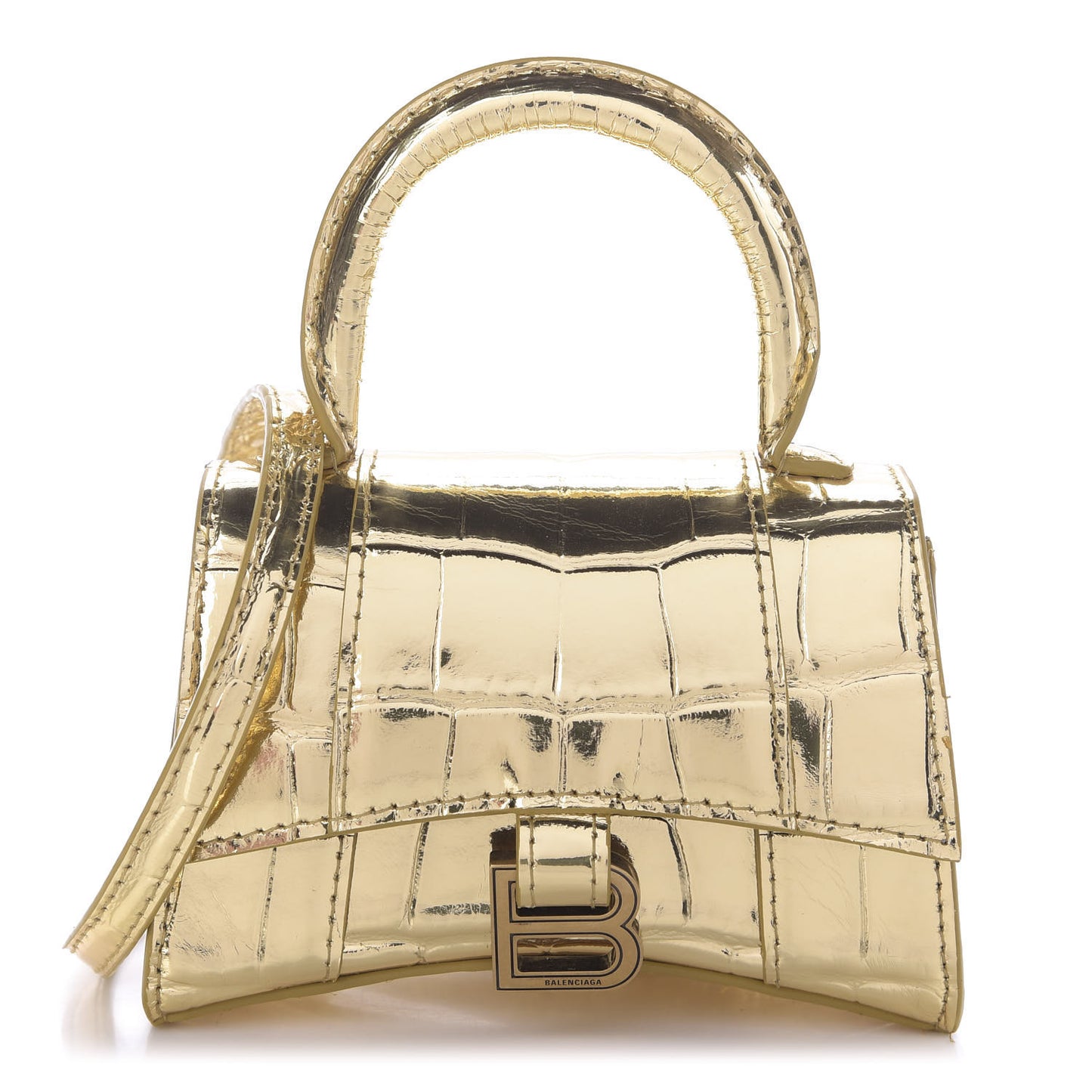 Metallic Calfskin Crocodile Embossed Hourglass Top Handle Bag Mini Gold