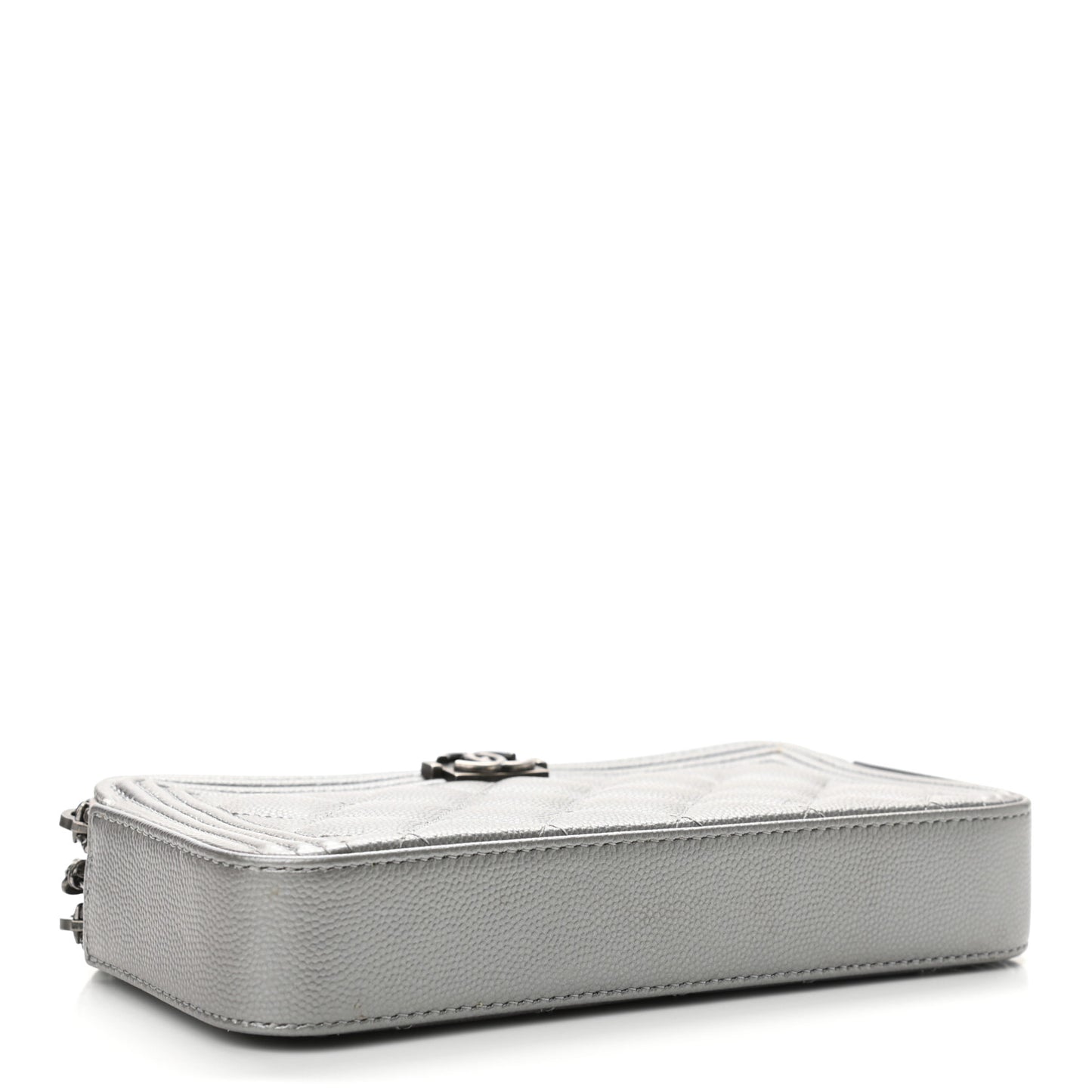 Metallic Caviar Quilted Small Boy Clutch With Chain Silver