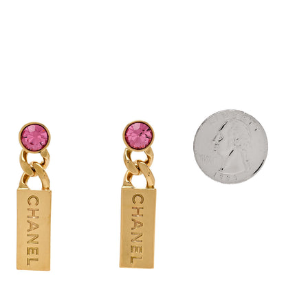 Chanel Crystal Tag Drop Earrings Gold Pink 2 of 4