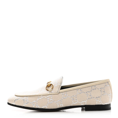 Gucci Canvas GG Monogram Horsebit Womens Jordaan Loafers 36 Gardenia Silver 1 of 9