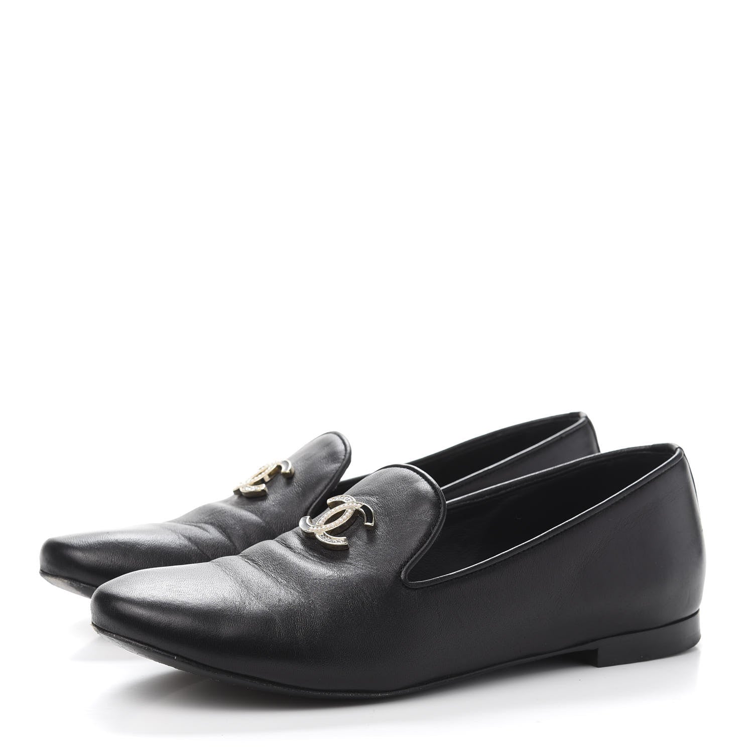 Chanel Enamel Pearl Crystal Lambskin Womens CC Mocassin Loafers 36.5 Black 3 of 10