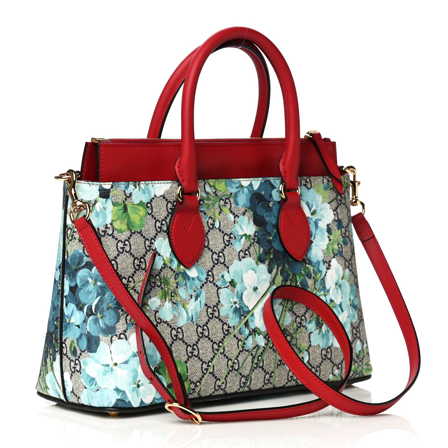 Gucci GG Supreme Monogram Blooms Medium Zip Top Tote Beige Blue Navy Hibiscus Red 3 of 22