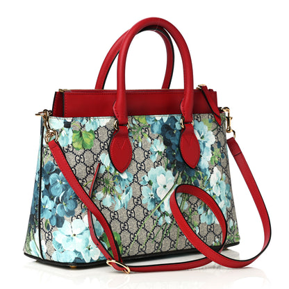 Gucci GG Supreme Monogram Blooms Medium Zip Top Tote Beige Blue Navy Hibiscus Red 3 of 22
