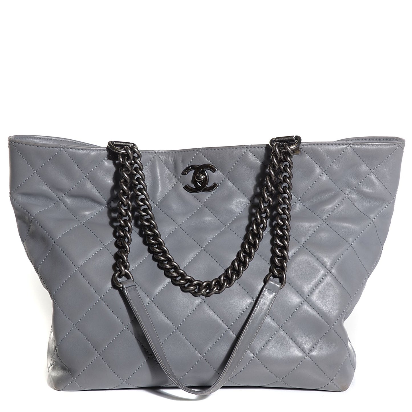 Calfskin Quilted Large Shopping In Chains Tote Light Grey