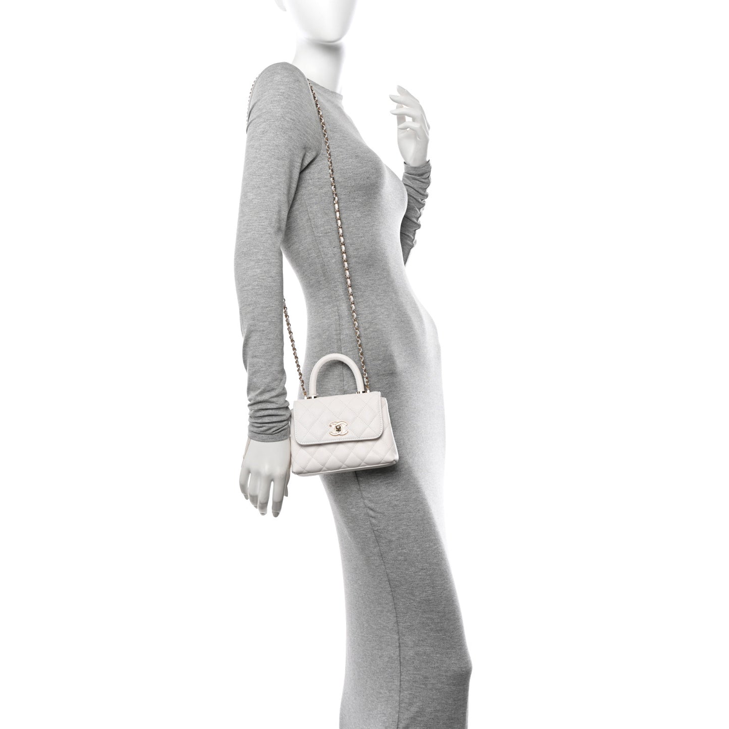 Caviar Quilted Coco Handle Clutch With Chain White