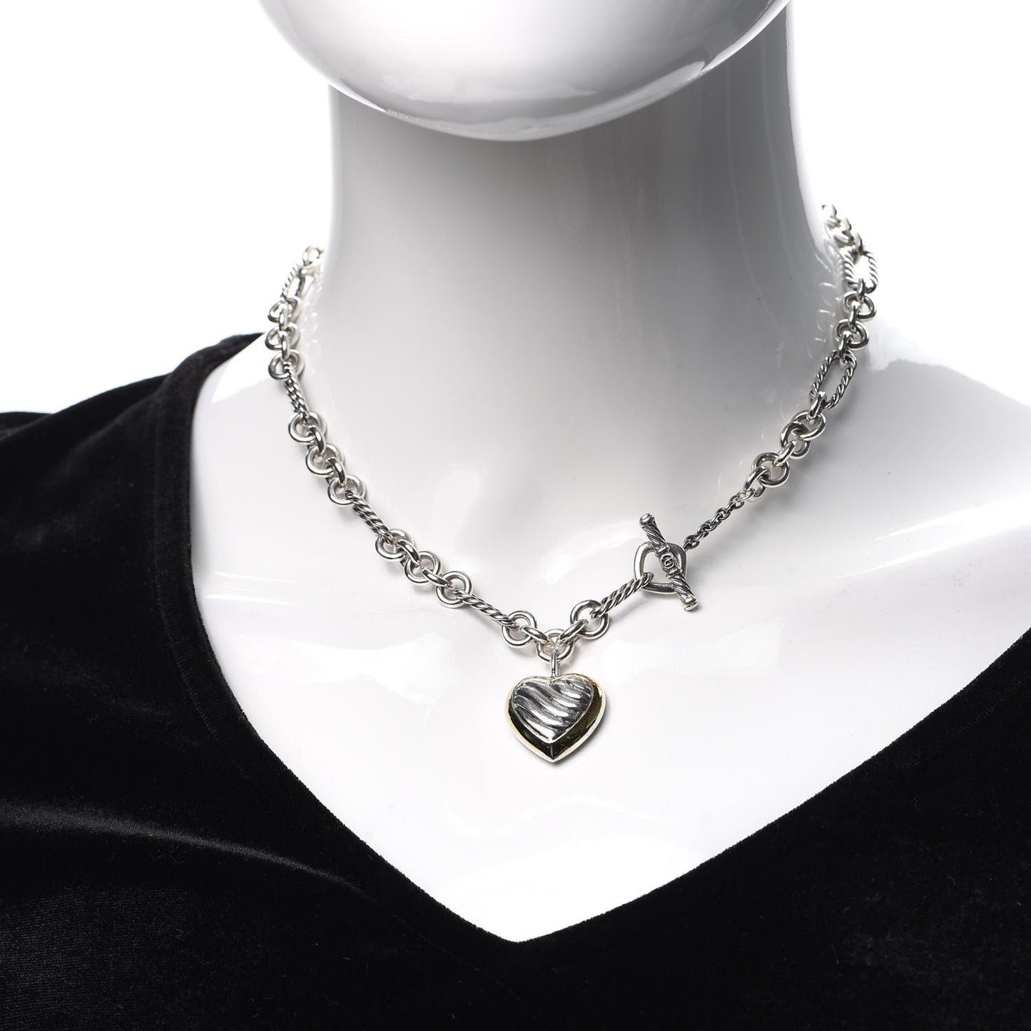 Sterling Silver 18K Yellow Gold Cable Heart Figaro Necklace