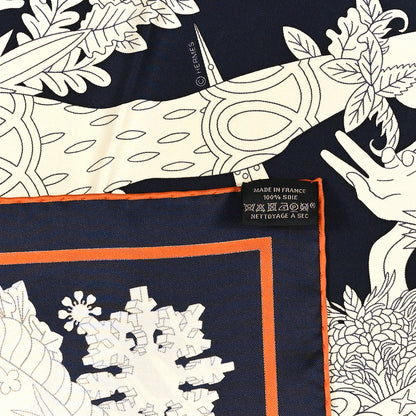 Hermes Silk Twill La Sacre Des Saisons Scarf 90 Bleu Black Creme Potiron 3 of 3