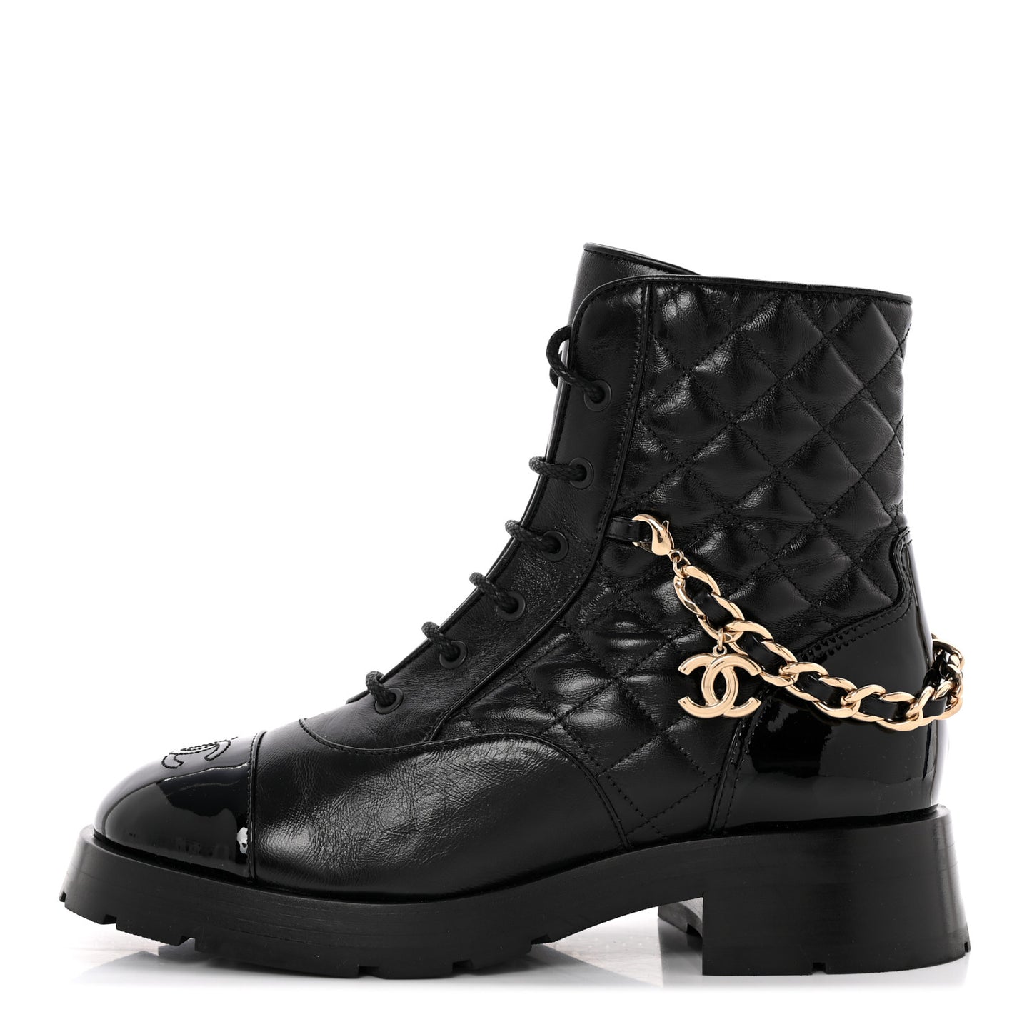 Shiny Calfskin Patent Quilted Chain Lace Up Combat Boots 39 Black
