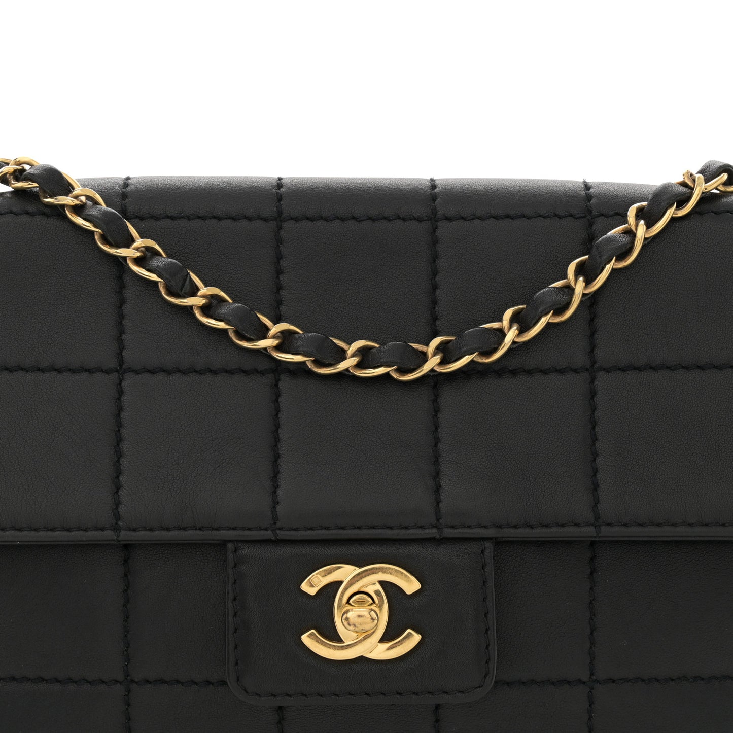 Lambskin Stitched Chocolate Bar Single Flap Black