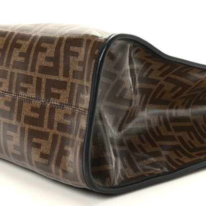 Fendi Glazed Fabric Vitello Century Plexiglass FF 1974 Stamp Patch Medium Runaway Shopper Tote Mogano Panna Black 9 of 9