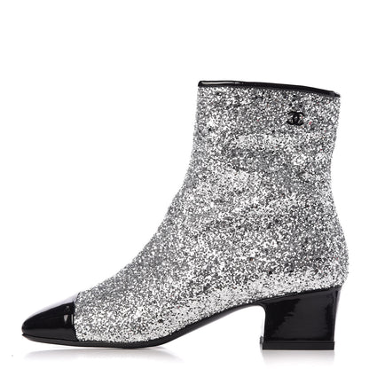 Chanel Glitter Patent Cap Toe Short Boots 37 Silver 1 of 8
