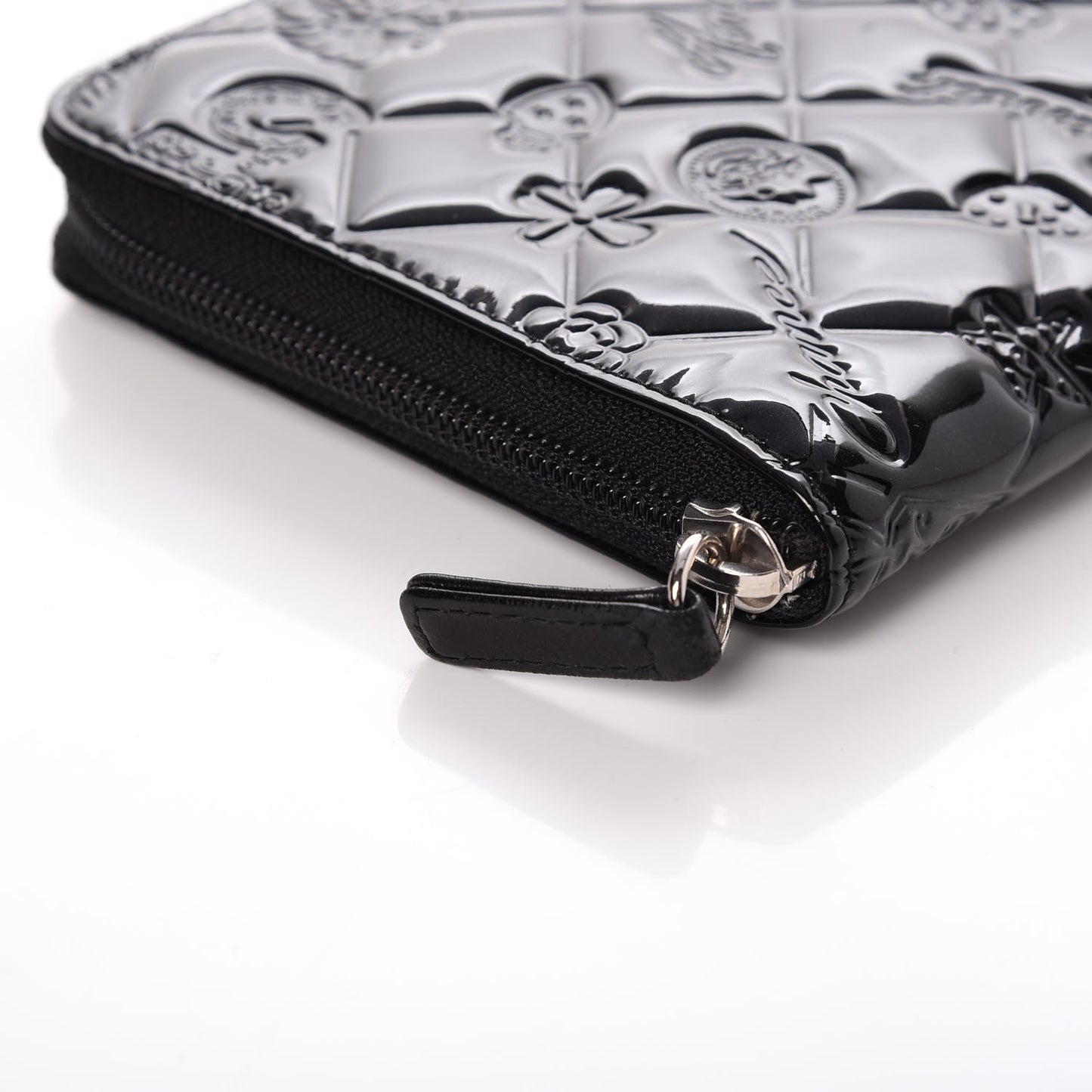 Patent Calfskin Lucky Symbols Zip Around Wallet Black