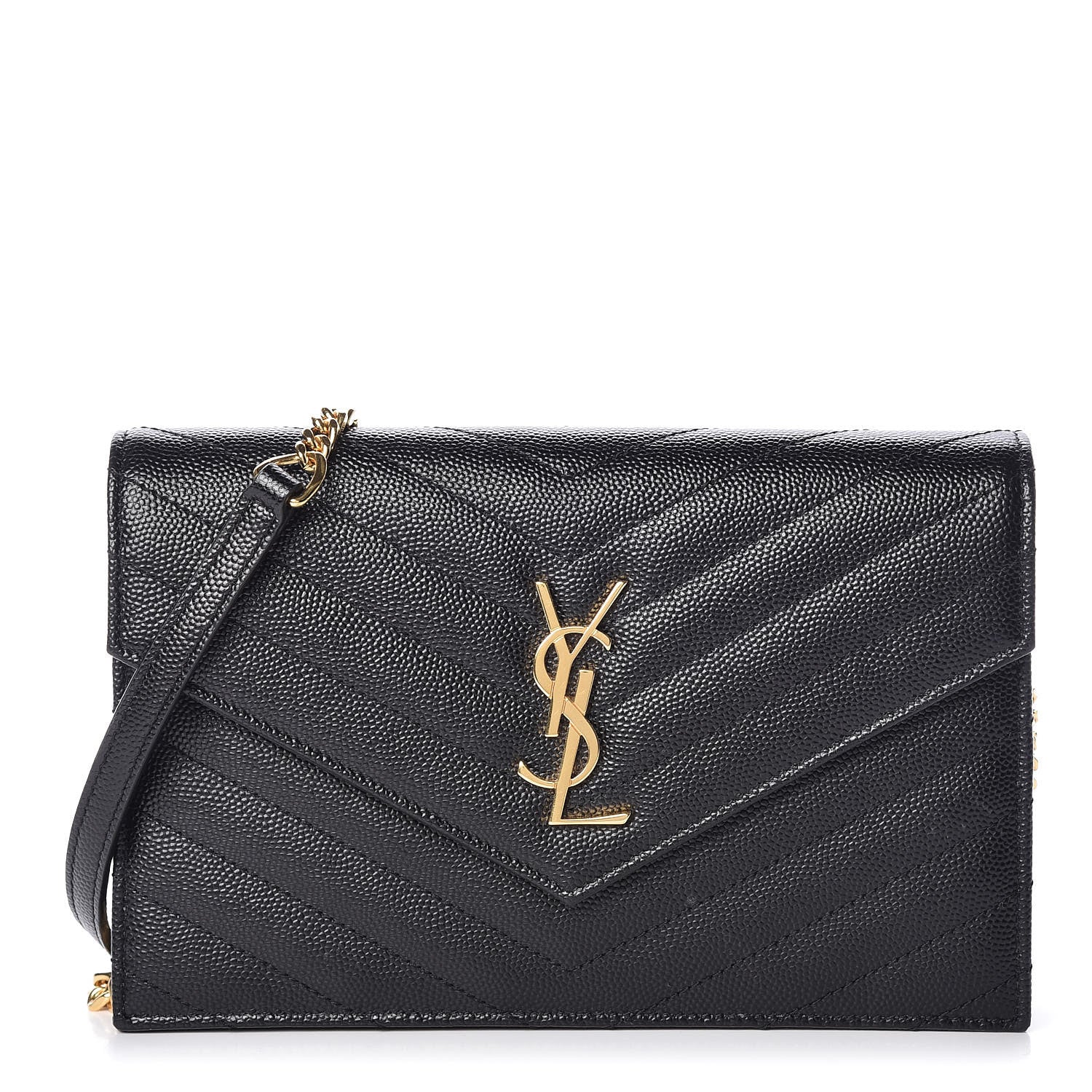 Saint Laurent Grain De Poudre Matelasse Chevron Monogram Envelope Chain Wallet Black 1 of 10