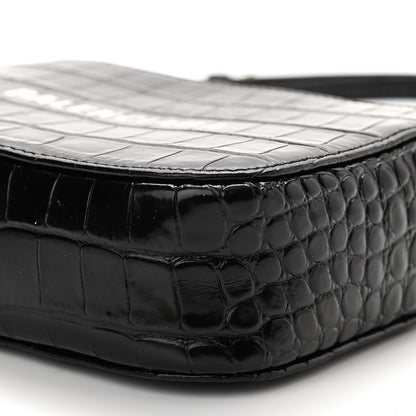 Balenciaga Shiny Calfskin Logo Crocodile Embossed XS Everyday Camera Bag Black 9 of 10