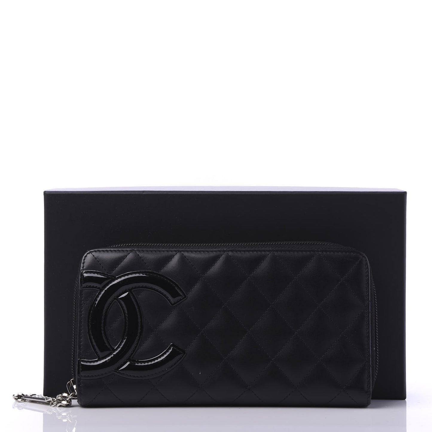 Calfskin Quilted Cambon Large Gusset Zip Around Wallet Black