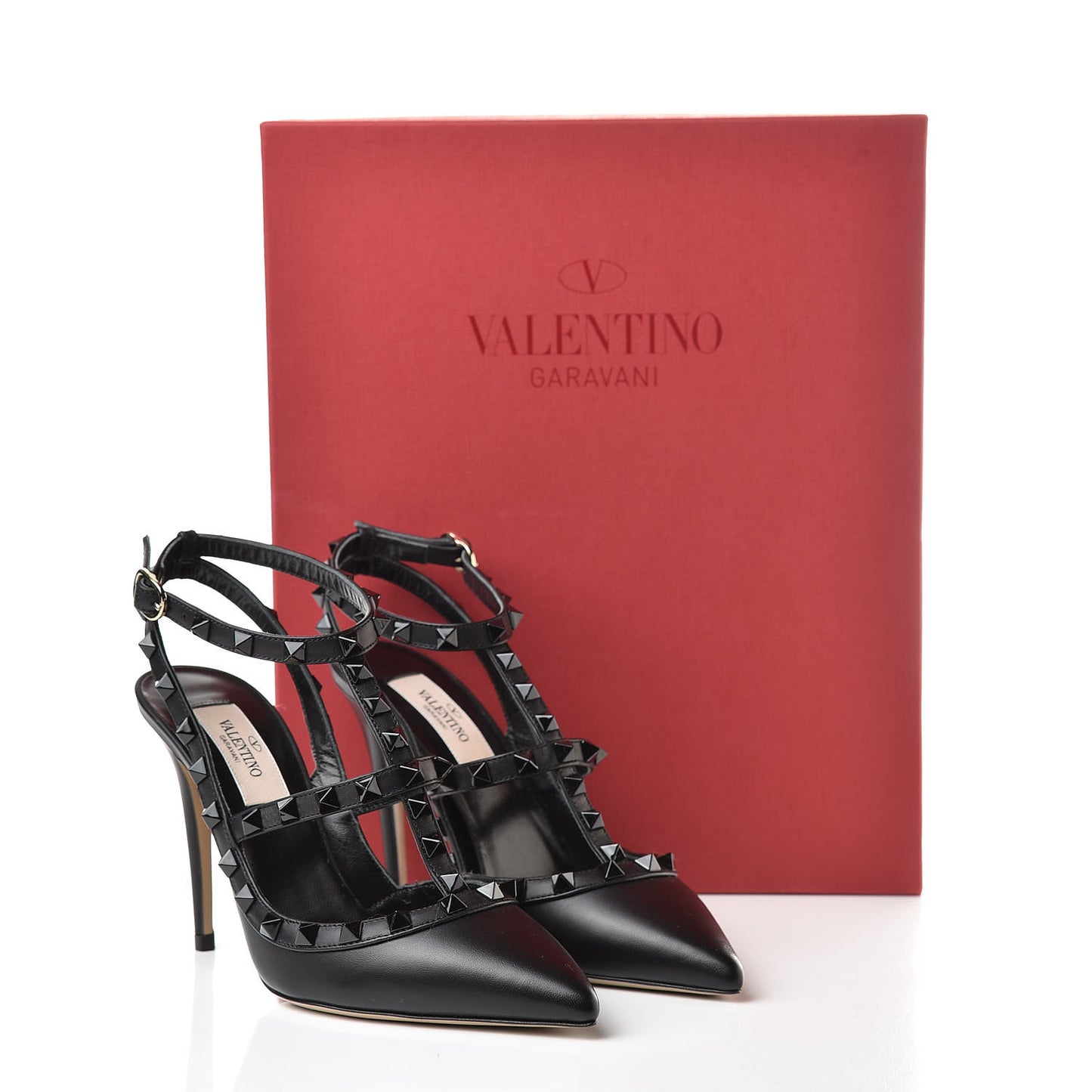 Calfskin Nappa Monochrome Rockstud Ankle Strap 100mm Pumps 36 Black
