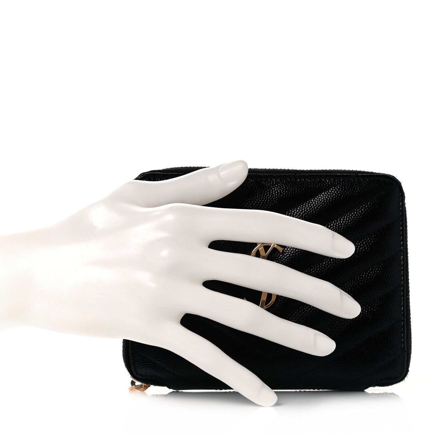 Saint Laurent Grain De Poudre Matelasse Chevron Monogram Compact Zip Around Wallet Black 2 of 9