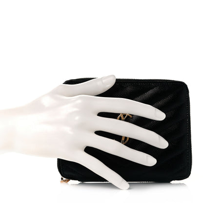 Saint Laurent Grain De Poudre Matelasse Chevron Monogram Compact Zip Around Wallet Black 2 of 9
