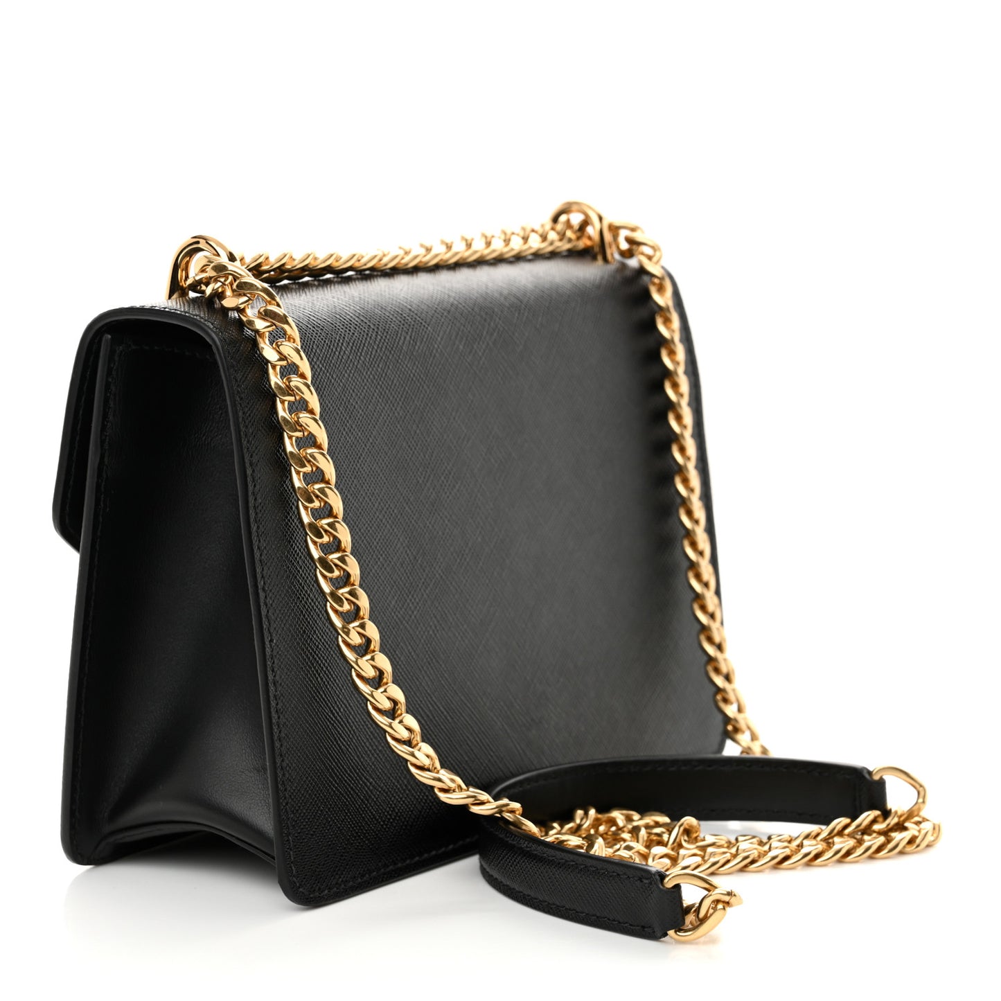 Saffiano Soft Calfskin Metal Triangle Logo Envelope Chain Shoulder Bag Black