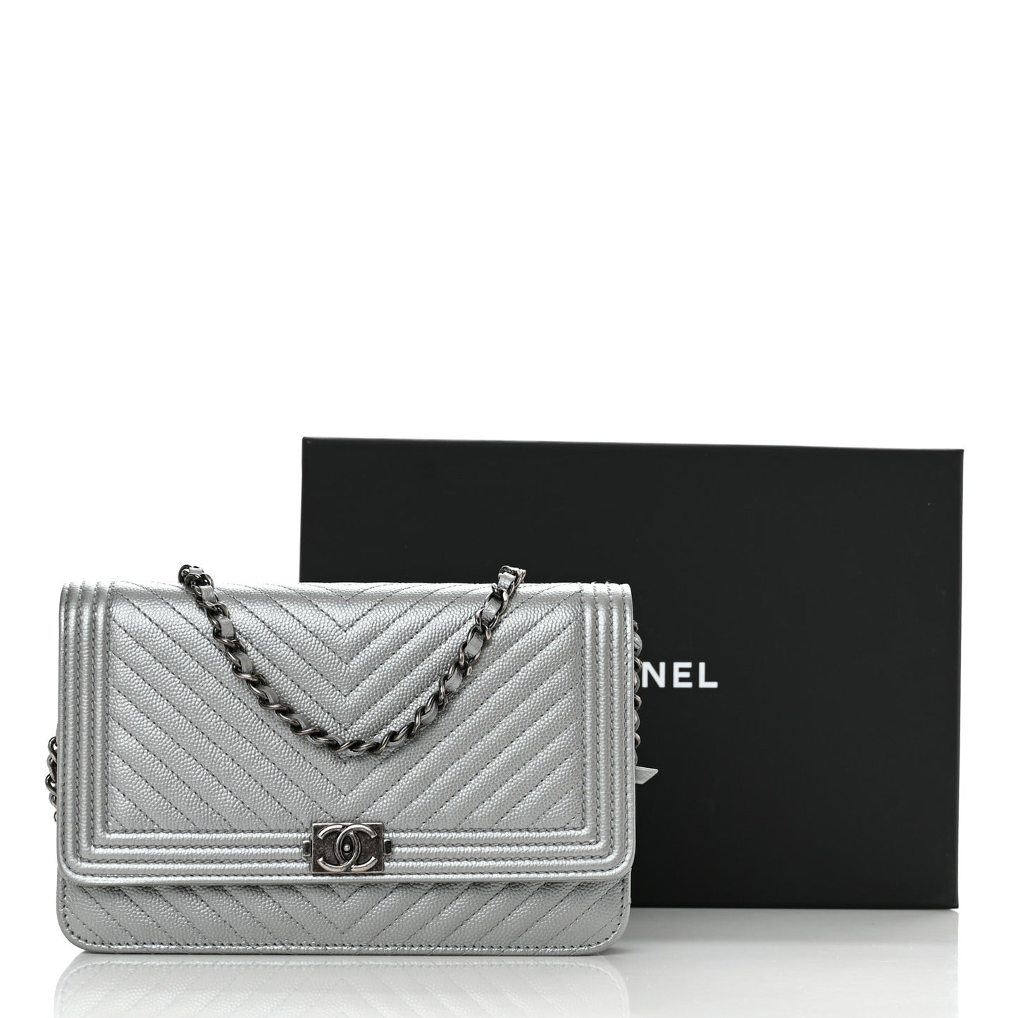 Metallic Caviar Chevron Quilted Boy Wallet On Chain WOC Silver