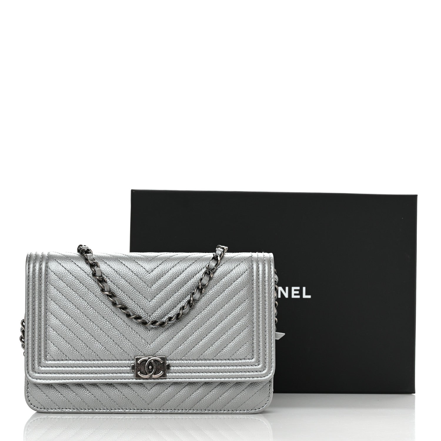 Chanel Metallic Caviar Chevron Quilted Boy Wallet On Chain WOC Silver 12 of 12