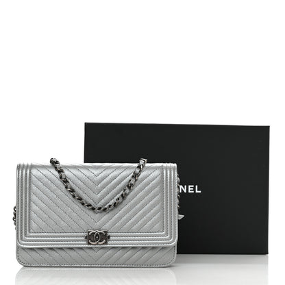 Chanel Metallic Caviar Chevron Quilted Boy Wallet On Chain WOC Silver 12 of 12